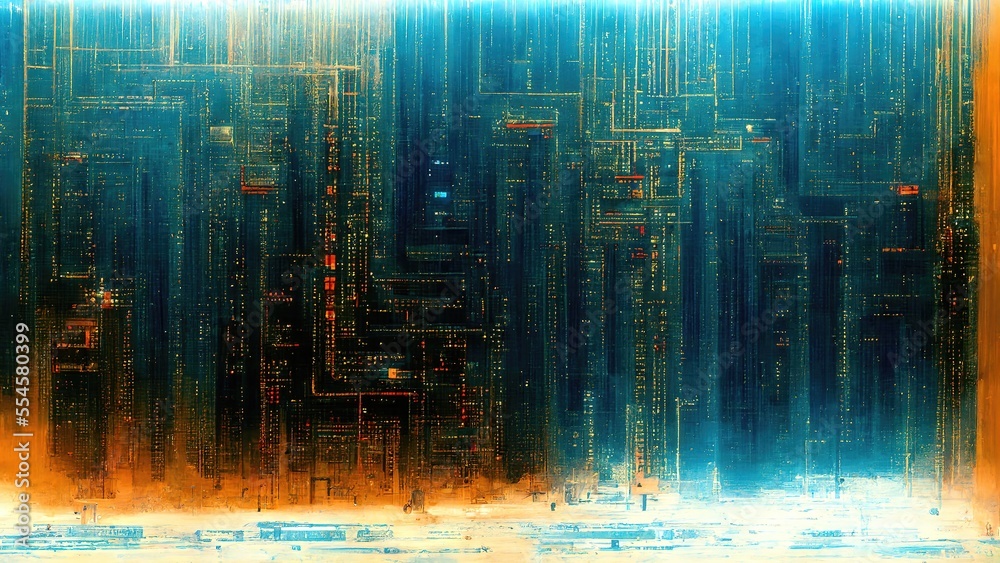 Bright blue base electrical connections, futuristic CPU circuitry, abstract, Sci-fi style, cyberpunk advanced cutting edge technology design elements, produced by Ai
