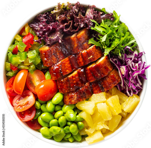 Healthy food eating poke bowls top down view cut out, transparent background