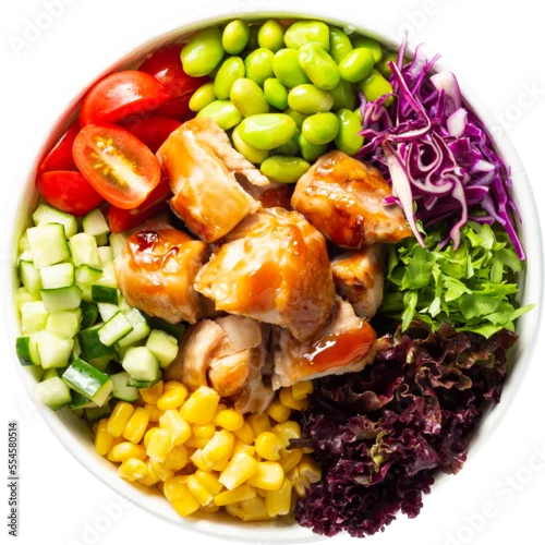 Fototapeta na wymiar Healthy food eating poke bowls top down view cut out, transparent background