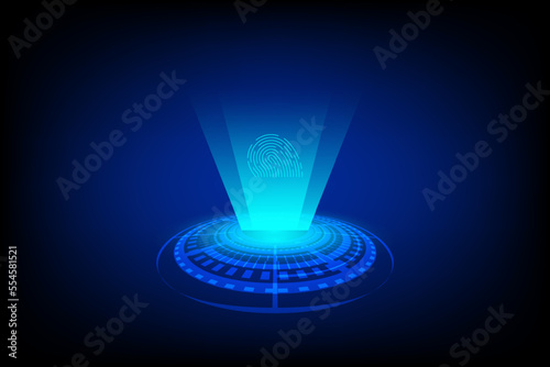 Cyber security concept. Electronic fingerprint float on light ray with futuristic technology abstract background. Digital protection.
