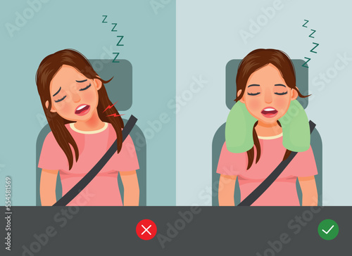 Incorrect and correct way of young woman sleeping during travel on car or bus with pillow on neck
