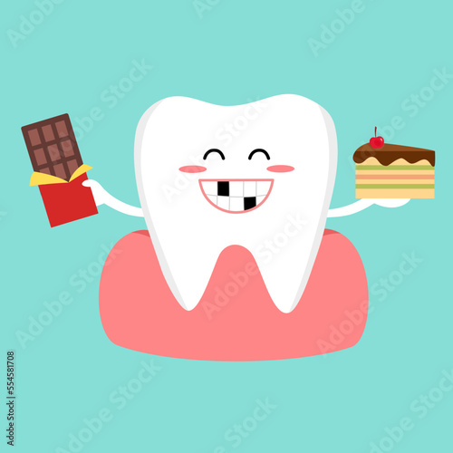 Cavity tooth cartoon with cake and chocolate sweet food that damage teeth in flat design. Dental care. Dental illness. Oral hygiene concept.