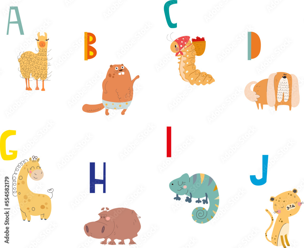 Fototapeta premium Vector alphabet with animals in cartoon style. Part 1.