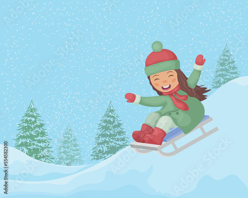 The girl rolls down the mountain on a sleigh. Winter illustration with a cheerful girl sledding down the mountain. A child in a cartoon style, riding a sleigh, in the woods. Vector