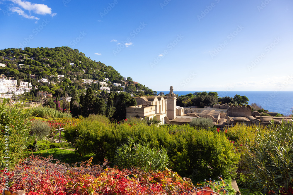Naklejka premium Touristic Town on Capri Island in Bay of Naples, Italy. Sunny Blue Sky.