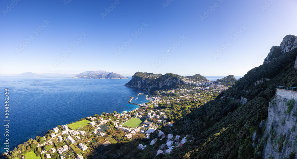 Touristic Town on Capri Island in Bay of Naples, Italy. Sunny Blue Sky. Panorama