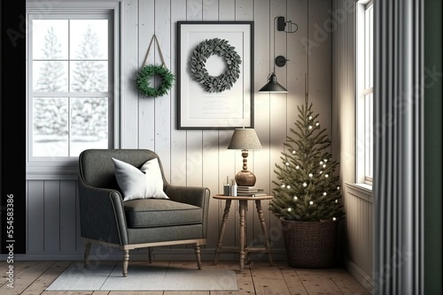 Natural chistmas tree near sofa on the white wall background. Minimal decoration at home