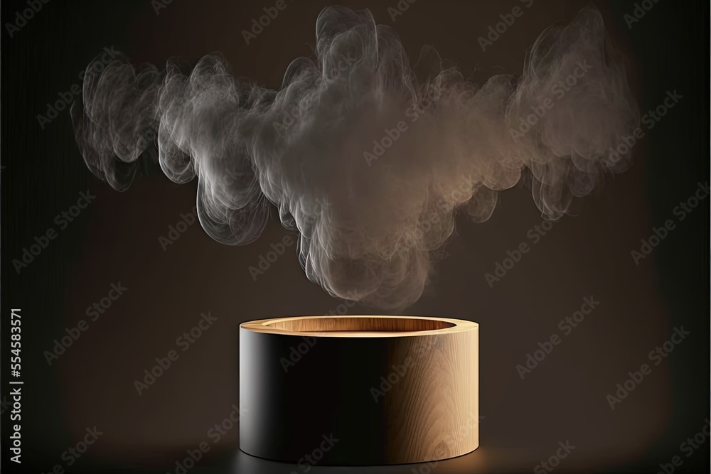 The empty wooden cylinder shape of product display Podium, Stand for showing or design blank backdrop dark abstract wall with smoke float up. Platform illuminated The empty wooden cylinder shape of product display Podium, Stand for showing or design blank backdrop dark abstract wall with smoke float up. Platform illuminated