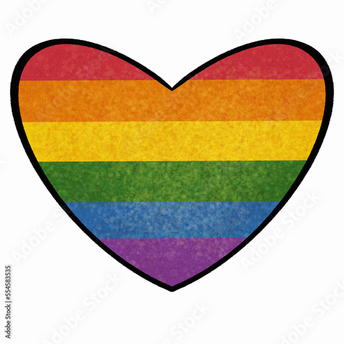 LGBTQ pride flat colorful textured rainbow heart with black outline, isolated on white background. LGBT pride month raster png illustration
