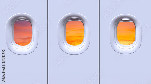 Beautiful sunset sky view inside of 3 windows on white wall in airplane, aircraft interior architecture background