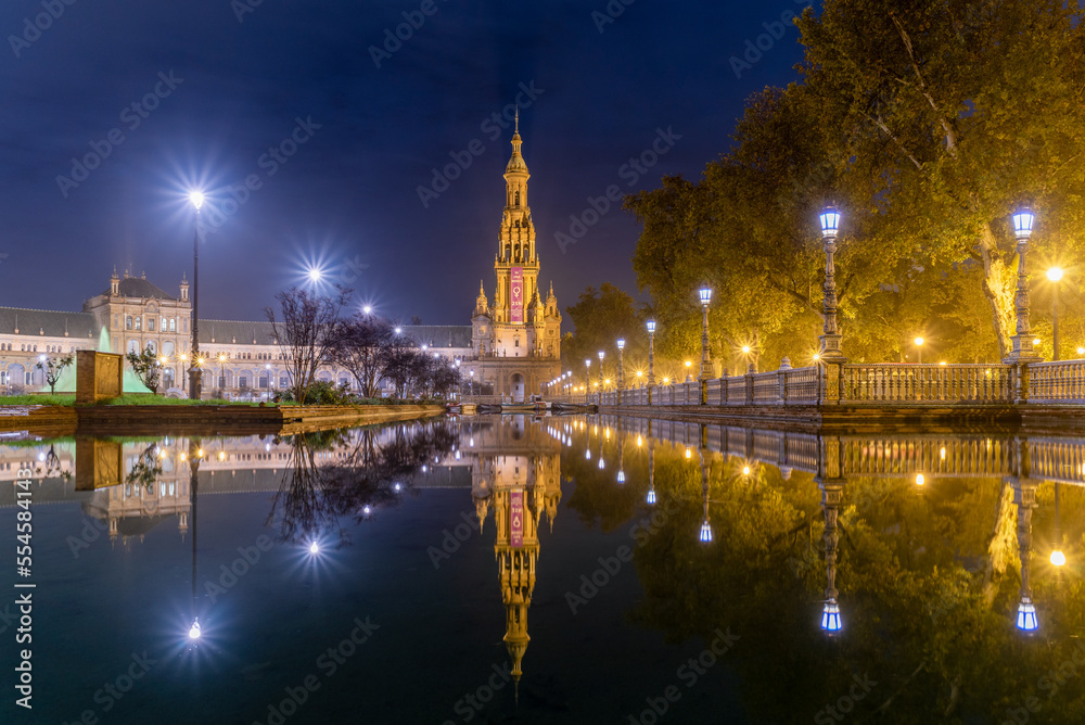 Night view of the Plaza de Espana Spanish Square in Sevilla Spain