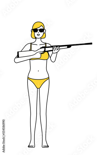 サングラスをかけてライフル銃を持つ下着姿の女性、脱毛やエステサロンのイメージ