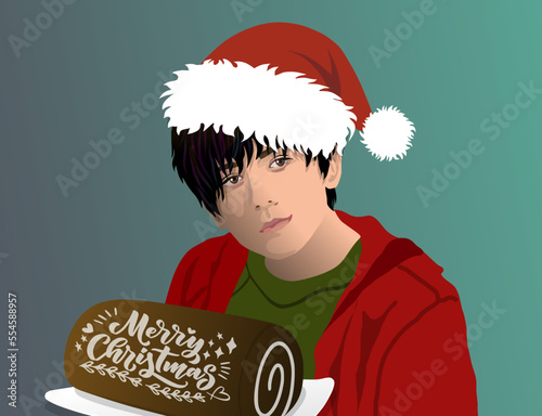 A handsome young man holds a Christmas cake with the words Merry Christmas, wears a santa hat, a green t-shirt and a red jacket, in front of a green background, vector illustration