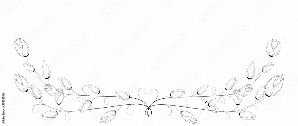 A branch of decorative flowers, tulips, flowers and buds. Contour hand drawing. With space for text. Can be used as a frame, template, background, for invitations. A branch of decorative flowers, tulips, flowers and buds. Contour hand drawing. With space for text. Can be used as a frame, template, background, for invitations.