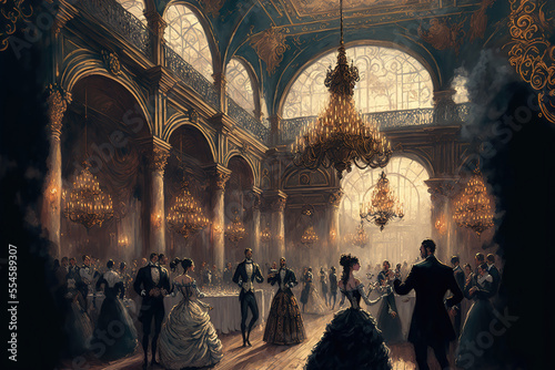 Generative AI : a grand Renaissance Ball in progress. Costumed ball. Medieval dresses