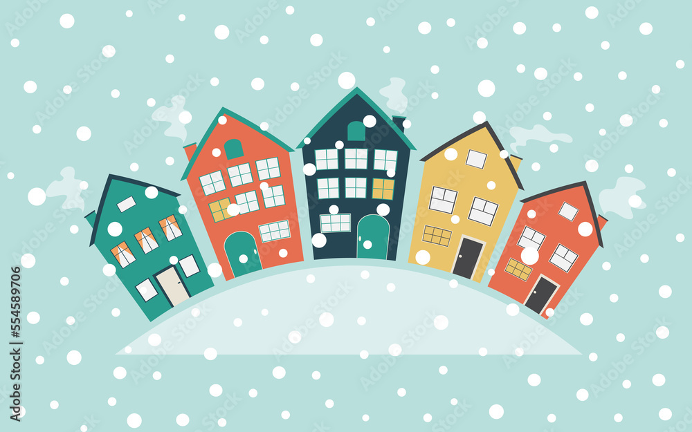 Colorful cute houses and snowfall. Winter postcard with buildings with copy space for text. Horizontal blue background. 