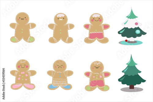 Gingerbread cookies on white background. Gingerbread cookies. Winter homemade sweets in shape of house and gingerbread man  tree and reindeer  star and snowflake  jingle bell and heart. Cartoon