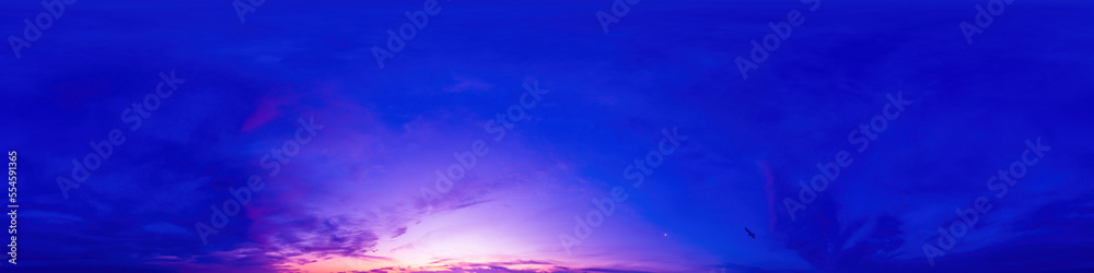 Dark blue magenta sunset sky panorama with pink Cumulus clouds. Seamless hdr 360 pano in spherical equirectangular format. Full zenith for 3D visualization, game, sky replacement for aerial drone