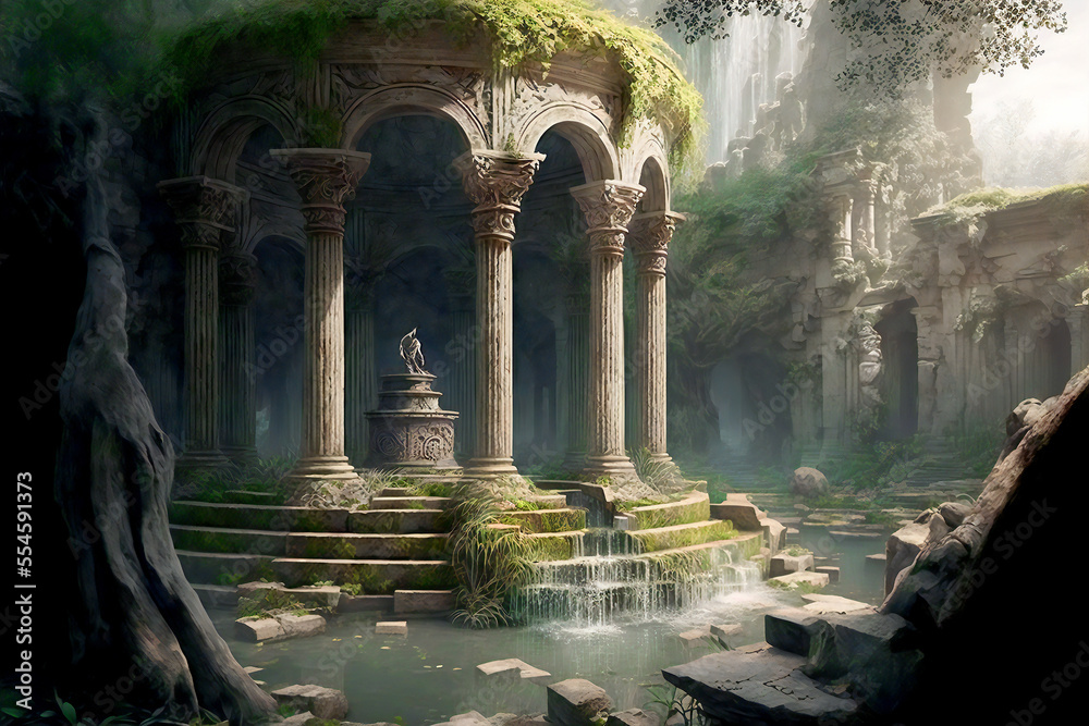Ancient ruins, landscape, nature, digital illustration	
