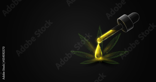Cannabis oil with Marijuana plant. Cannabis therapy medical and healthcare. Wireframe, Low polygon, lines and point connecting design. Vector illustration