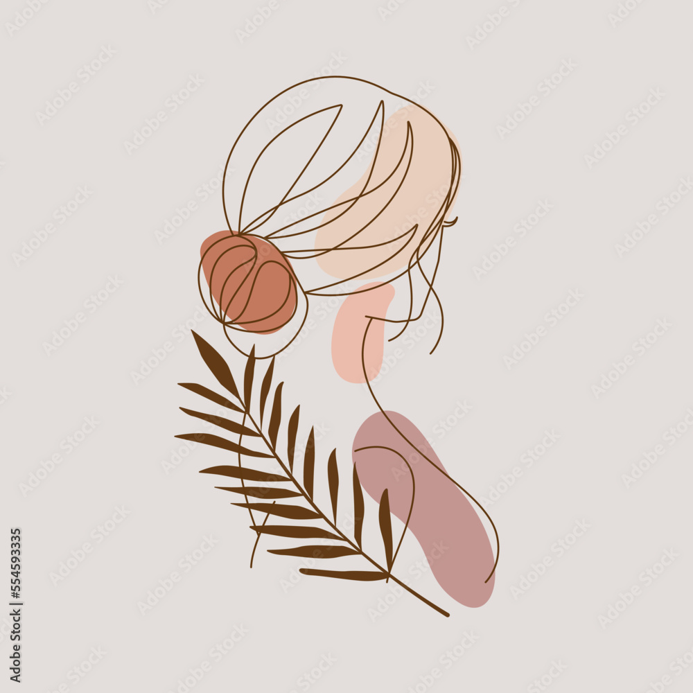 Woman with Flower Line Art Drawing. Fashion Female Portrait Minimalist Style. Woman with Flower