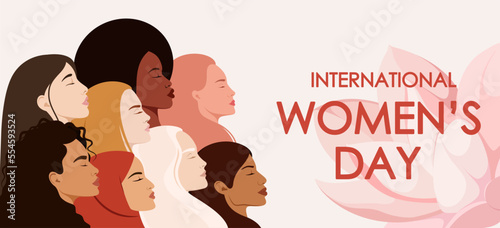 International Women's Day. A greeting card. Women of different nationalities.
