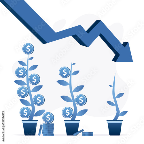 Economic crisis, profit graph is falling. Business enterprise suffers losses, ruin. Money tree dries up and loses dollar coins and leaves. Dying of enterprise stages, bankruptcy concept.