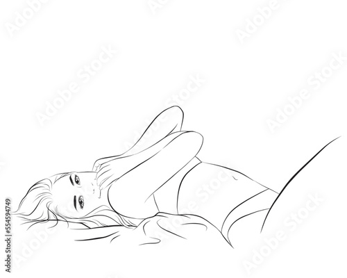 Fototapeta Naklejka Na Ścianę i Meble -  Vector hand drawn graphic illustration. Sexy pretty posing person and lie down, Wink and smile. cartoon, line art	