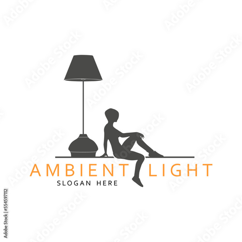 Floor lamp logo. Template of electric torchere for interior design, energy furniture business branding. Home equipment in modern style. Young woman sitting and relaxing near torchere