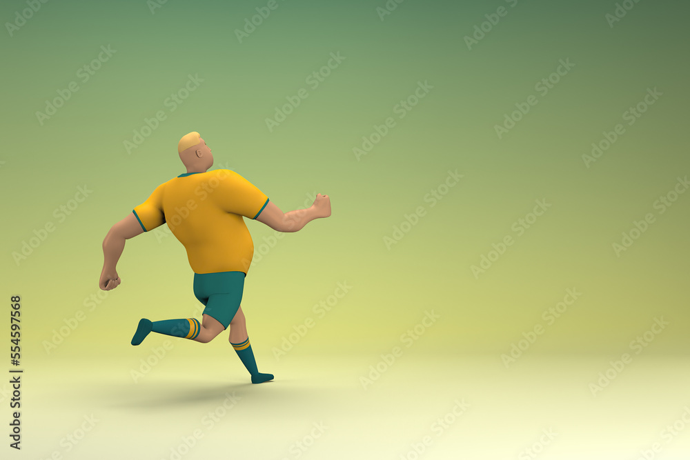 An athlete wearing a yellow shirt and green pants is runing. 3d rendering of cartoon character in acting.