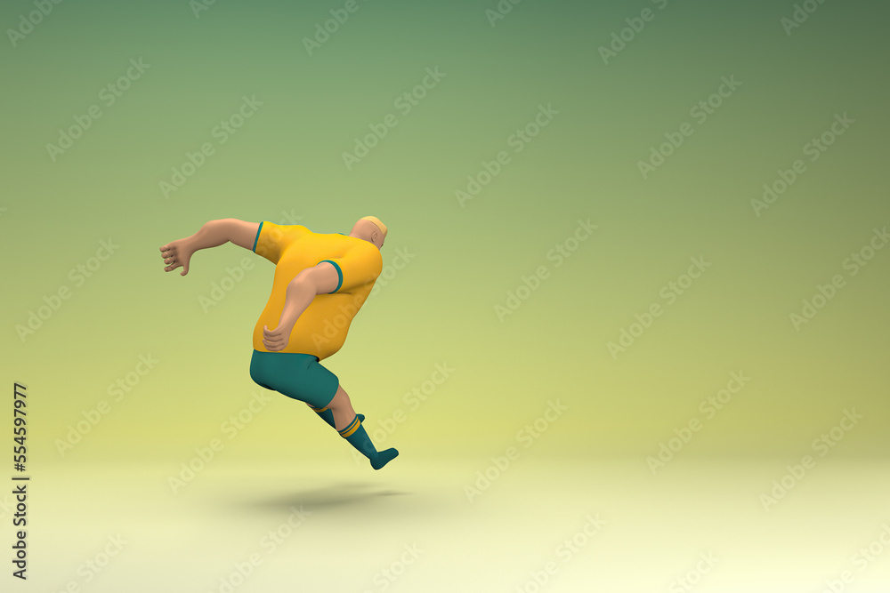 An athlete wearing a yellow shirt and green pants is jumping. 3d rendering of cartoon character in acting.