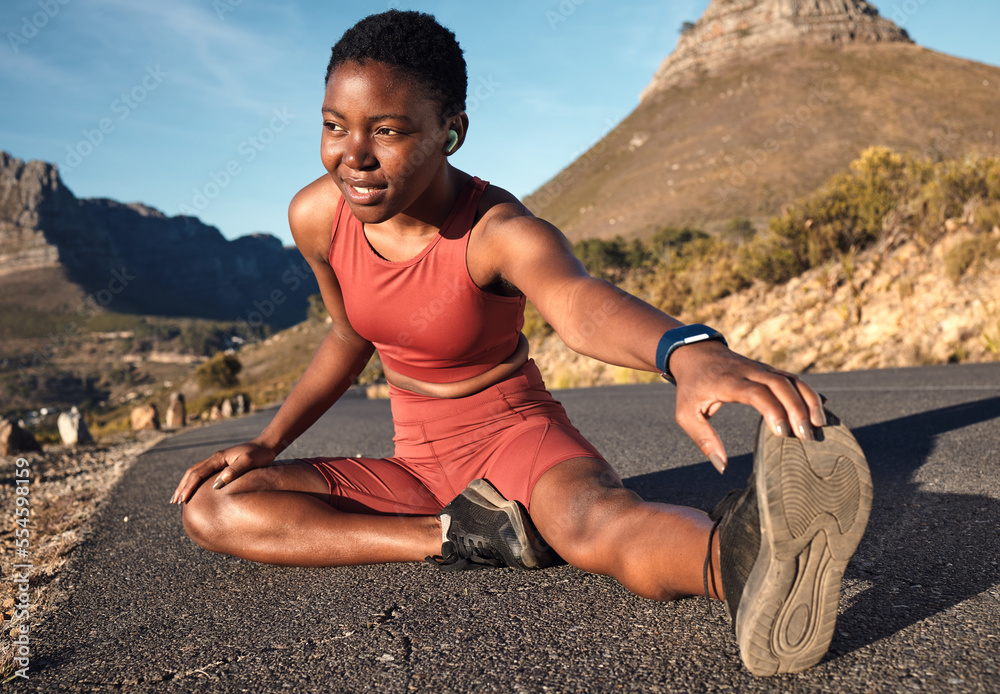Fitness, black woman and stretching legs on mountain, urban road and Cape Town for muscle wellness, healthy body or power. Athlete, warm up and focus for workout, cardio exercise or running in nature