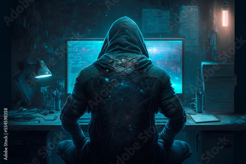 Hacker Concept. Hacker Sitting In Front of the Computer With Hacking Codes Reflecting on Them.
