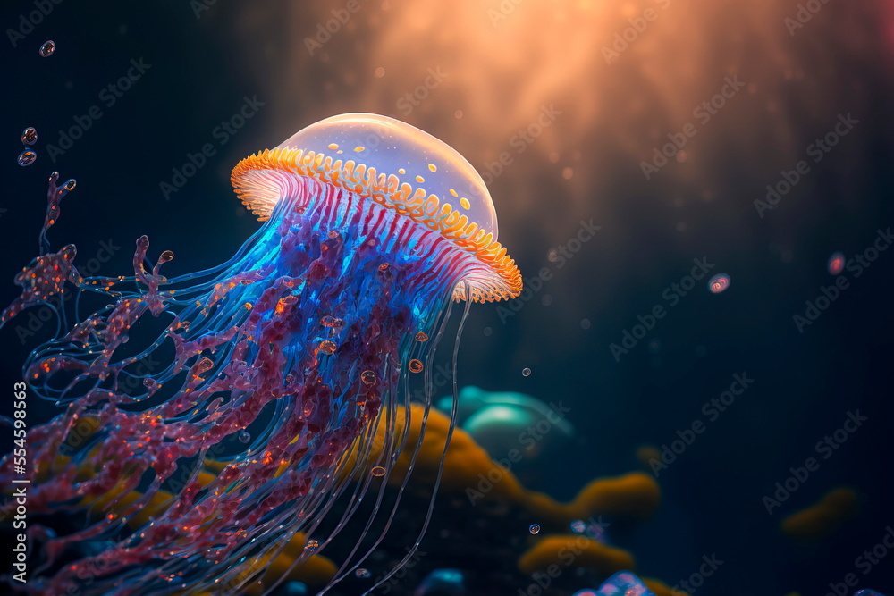 Fototapeta premium Beautiful color of jellyfish in underwater . Jellyfish dansing in the dark blue ocean water.