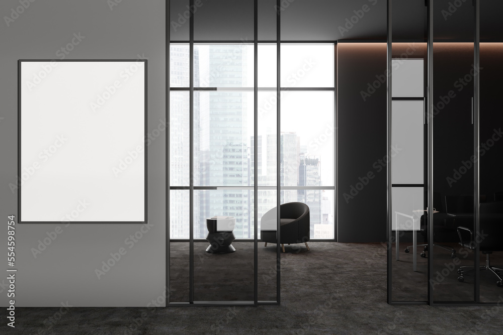 Grey office interior with relax and coworking area, glass doors and mockup frame