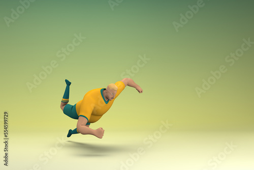 An athlete wearing a yellow shirt and green pants. He is falling down. 3d rendering of cartoon character in acting.