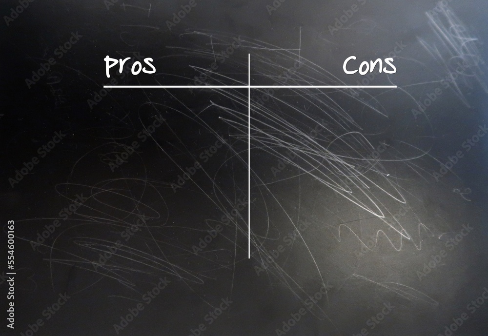 Black chalkboard with text handwritten PROS and CONS,concept of  making a list to compare or weigh all good (advantages) and bad (disadvantages) sides before making decision , consider carefully - obrazy, fototapety, plakaty 