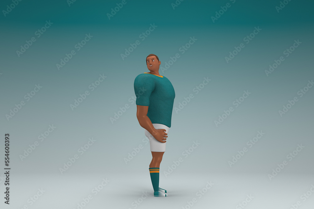 An athlete wearing a green shirt and white pants is expression of hand when talking. 3d rendering of cartoon character in acting. An athlete wearing a green shirt and white pants is expression of hand when talking. 3d rendering of cartoon character in acting.