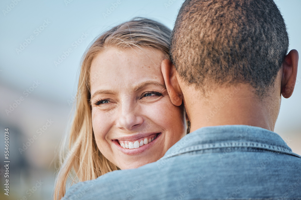 Couple, interracial with hug, love and travel, woman smile with black man, commitment and relationship with outdoor bonding. Face zoom, happy and romance in nature, trust and care with support. Couple, interracial with hug, love and travel, woman smile with black man, commitment and relationship with outdoor bonding. Face zoom, happy and romance in nature, trust and care with support.