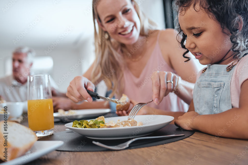 Family, mother and cutting food for girl while having lunch at dinner table in home. Love, foster care and happy mom helping child with eating, smiling and enjoying a delicious meal together in house Family, mother and cutting food for girl while having lunch at dinner table in home. Love, foster care and happy mom helping child with eating, smiling and enjoying a delicious meal together in house