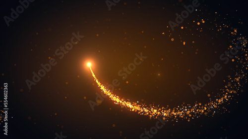 Abstract Golden Shine Christmas Particles Trails With Optical Flare Light Flying On Dark Brown Glitter Dust Background