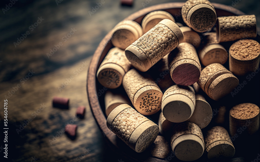wine corks in wooden plate, close up. Generative AI wine corks in wooden plate, close up. Generative AI