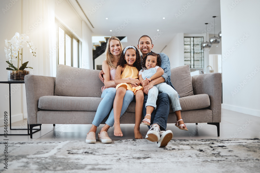 Portrait, love hug and family on sofa in living room, smiling and bonding. Care, support and happy mother, father and girls hugging, embrace or cuddle on couch, having fun and enjoying time together. Portrait, love hug and family on sofa in living room, smiling and bonding. Care, support and happy mother, father and girls hugging, embrace or cuddle on couch, having fun and enjoying time together.