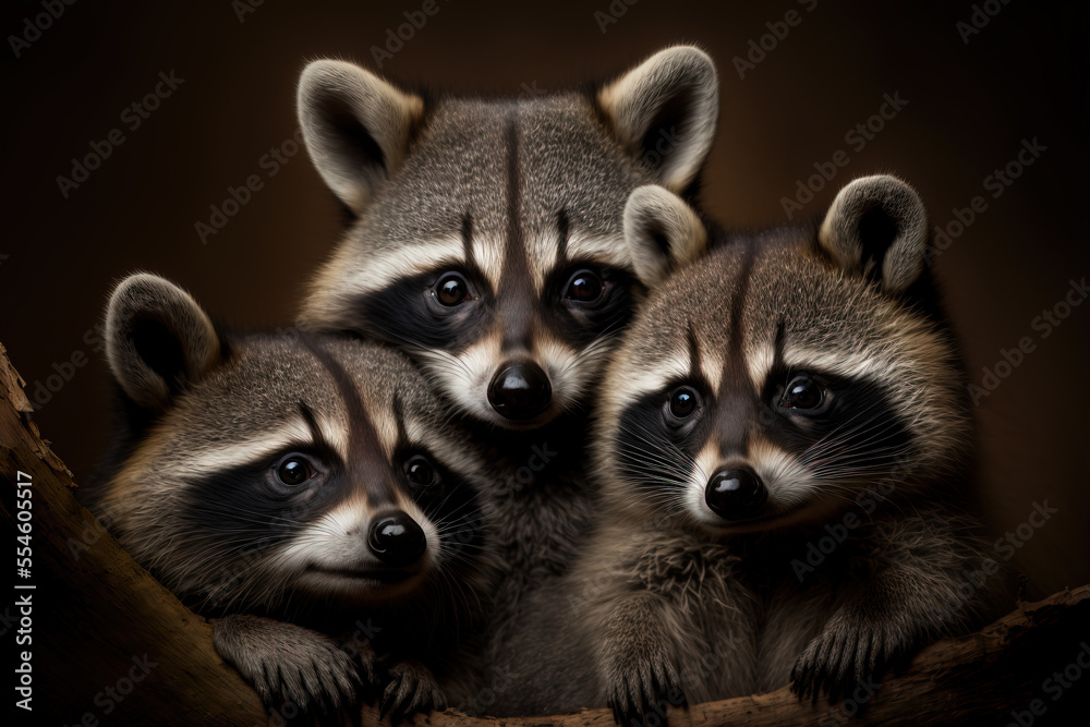 Three young raccoons scrambling over each other to peer out a hole in a large tree. Digital artwork