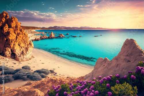 Beautiful spring scenery. Colorful morning scene of Sardinia, Italy, Europe. Fantastic sunrise on Del Sinis peninsula. Picturesque seascape of Mediterranean sea. Digital artwork