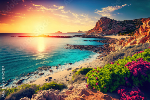 Beautiful spring scenery. Colorful morning scene of Sardinia, Italy, Europe. Fantastic sunrise on Del Sinis peninsula. Picturesque seascape of Mediterranean sea. Digital artwork