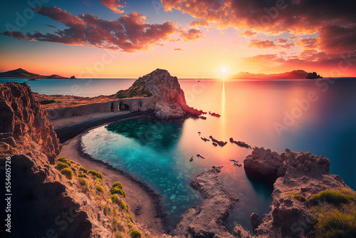 Beautiful spring scenery. Colorful morning scene of Sardinia, Italy, Europe. Fantastic sunrise on Del Sinis peninsula. Picturesque seascape of Mediterranean sea. Digital artwork