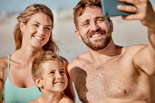 Happy family in selfie at beach with parents and child on holiday, summer vacation and outdoor wellness for social media post. Profile picture update, smartphone with a mother, father and kid on sand