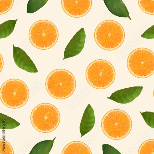 Seamless pattern with sliced ​​oranges and green leaves on a white background, graphic art.