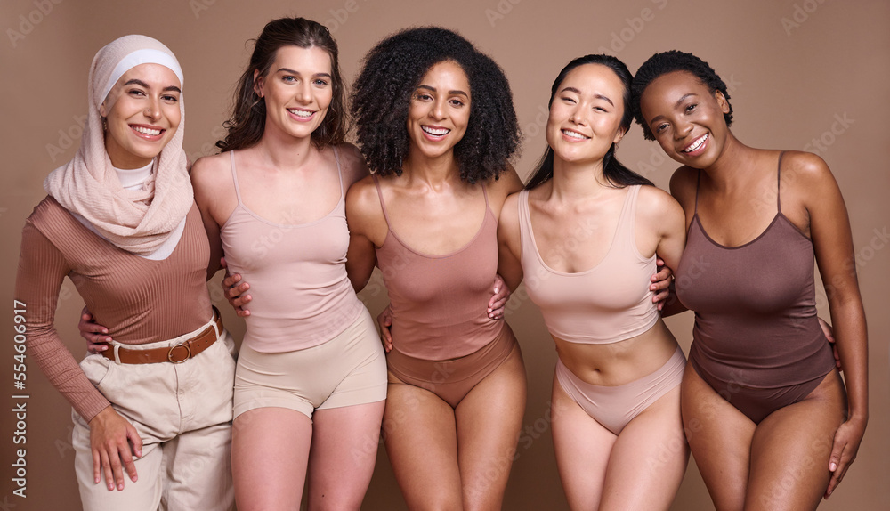 Women group, underwear studio and diversity portrait for fashion, design or  smile for happiness. Happy teamwork, multicultural model team and body  positive aesthetic for support, solidarity or unity Photos